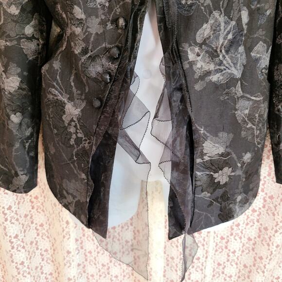 Vintage 90s logo instant chic black tapestry floral ruffle button blazer Sz 18 - Picture 5 of 12